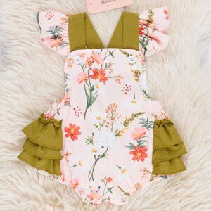 Peach & Olive Garden Ruffle Bubble Romper